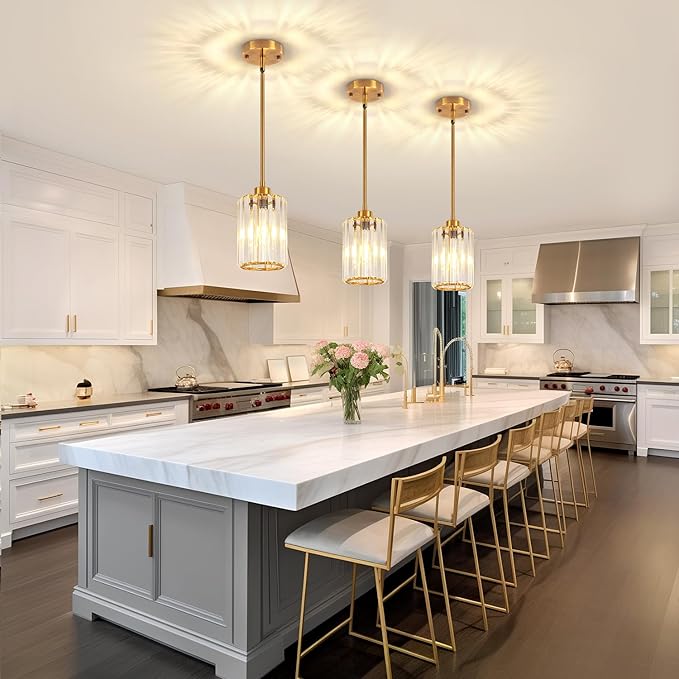 2 Pack Pendant Lights Kitchen Island, Modern Gold Crystal Pendant Lighting, Kitchen Hanging Light fixtures Mini Chandelier Pendant Lighting for Island Dining Room Hallway