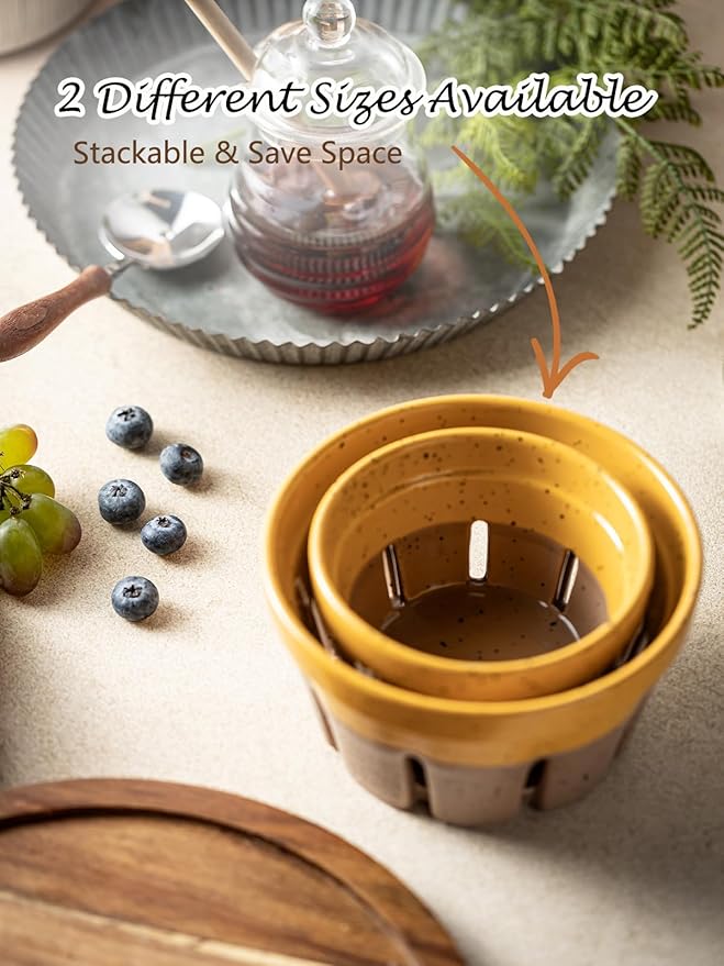 Gomakren Ceramic Fruit Basket Set of 2, Round Fruit Bowls with Holes, Rustic Berry Basket Containers for Kitchen, Berries, Strawberry, Grape, Cherry, Yellow + Brown