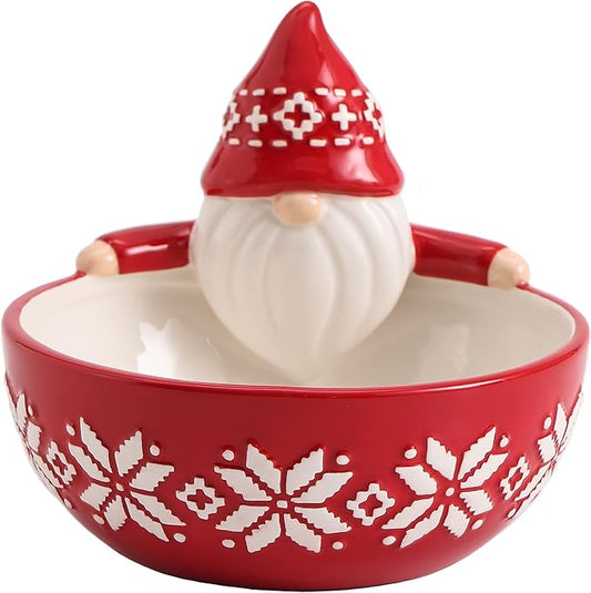 Bico Red Gnome Ceramic Candy Bowl, 17oz – Hand-Painted Holiday Treat Bowl, Christmas Decorative Dish for Candy, Jam, or Sauce – Microwave & Dishwasher Safe