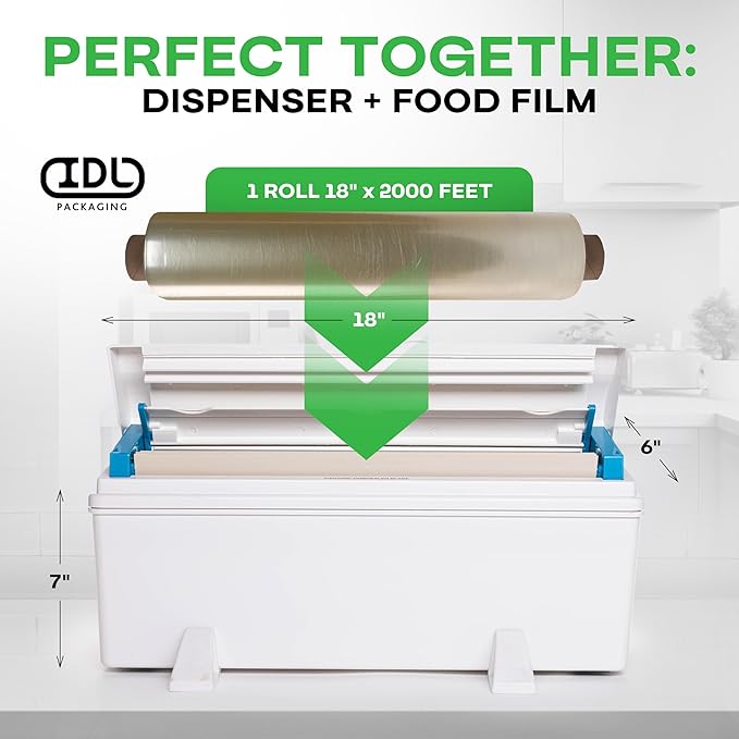 IDL Packaging 18" x 2000' Food Wrap Film Roll, 3" Core - USA-Made Clear Plastic Cling Film, BPA Free – Durable, Safe Food-Grade Wrap for Storing & Packing Food