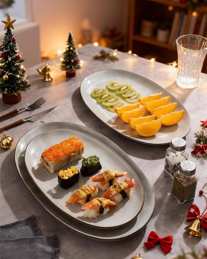 famiware Serving Platter, Oval 15.59/14.3/12.9inch Serving Dishes for Entertaining, Serving Bowls, Reactive Glaze, Stoneware Serving Trays for Party, Food, Turkey, Cheese, Ocean Series, Grey
