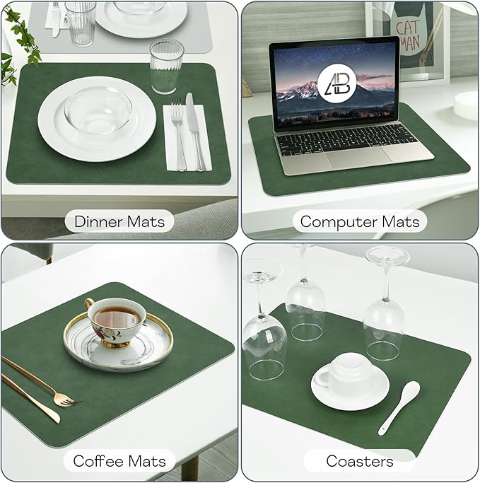 Faux Leather Placemats Set of 6, Vinyl Placemats Wipeable Waterproof Oil-Proof Table Mats, Heat Resistant Place Mats for Kitchen Indoor Outdoor, 16.9 x 11.8 Inch (Green/Grey)