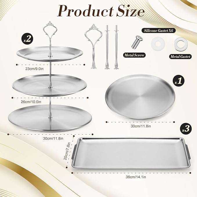 Zubebe 6 Pcs Dessert Table Display Set 2 Stainless Steel Cupcake Stand 3 Tier Cake Holder 3 Rectangle Serving Tray 1 Round Cake Tray Tiered Candy Cupcake Tower for Party Wedding Birthday (Silver)