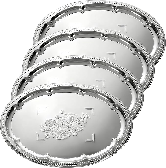 4 Pcs Large Silver Serving Trays, 15.7" x 11.8" Stainless Steel Oval Serving Tray, Decorative Silver Plates, Oval Floral Engraved Tray, Metal Sizzler Plates for Coffee Table, Bar, Party, Club, Home