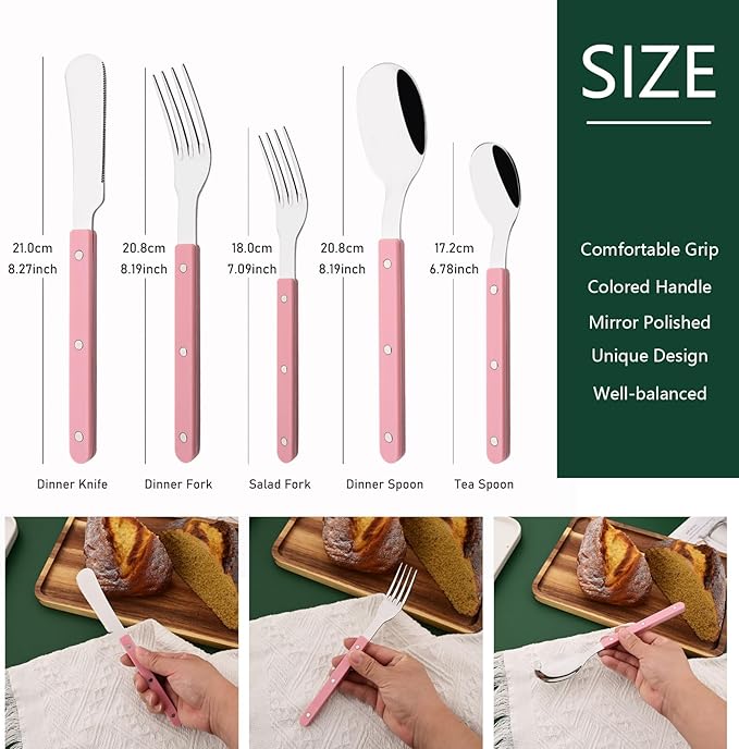 20 PCS Stainless Steel Flatware Set for 4, Silverware Set with Colored Handles, Retro Style Forks Spoons and Knives Set, Vintage Eating Utensils, Pink Acrylic Handle with Rivets Design