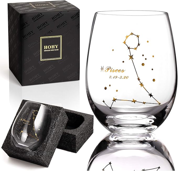HOHY Pisces Zodiac Wine Glass 20 Oz, Pisces Zodiac Birthday Horoscope Wine Gifts for Women, Birthday Wine Glass Astrology Constellation Christmas Gifts for Women, Constellation Wine Glasses Golden