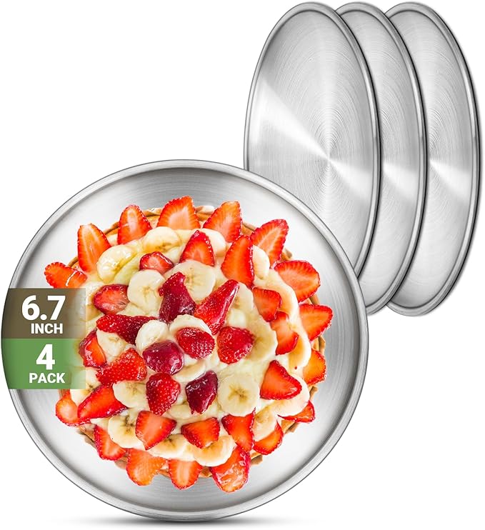 Stainless Steel Plates, 4 Set 6.7 inch 304(18/8) Metal Food Serving Plate, Reusable Snack Eating Dishes Round Shatterproof Plate Silver Dinnerware for BBQ Dinner Oven Dishwasher Safe