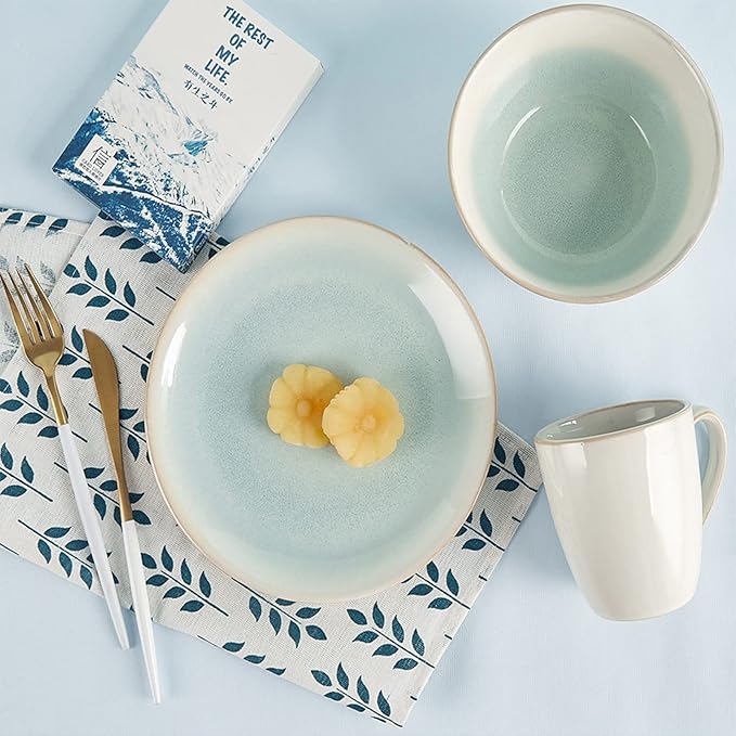 16-Piece Stoneware Dinnerware Set, Dish Set, Tableware Combination Set, Elegant White/Blue Serveware Set Service for 4, Including Dinner Plate, Desert Plate, Cereals Bowl, Mugs