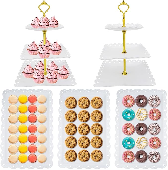 5 Pcs Cupcake Stand Set, Dessert Table Display Set with 2xSquare 3-Tier Cake Stands Holder + 3x Appetizer Trays Suitable for Birthday Wedding Tea Party Baby Shower (White, Lace Hole Square)