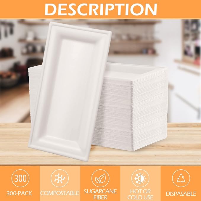 Hotop Disposable Rectangle Plates White Serving Platter Heavy Duty Sugarcane Bagasse Plate for Outdoor Indoor Parties Serve Meals Snacks Deserts Fruits (300 Pieces)
