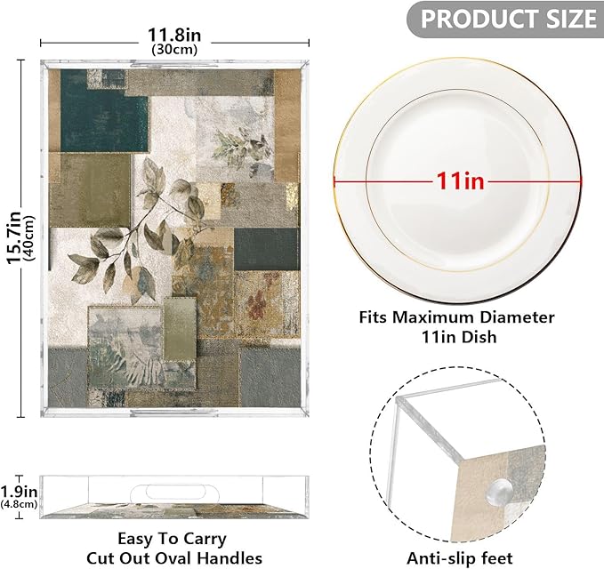 Serving Tray with Handles Clear Acrylic Tray 12x16 Inch Decorative Rectangular Tray Organizer for Ottoman Coffee Table Bathroom Dark Green Bohemian Leaves