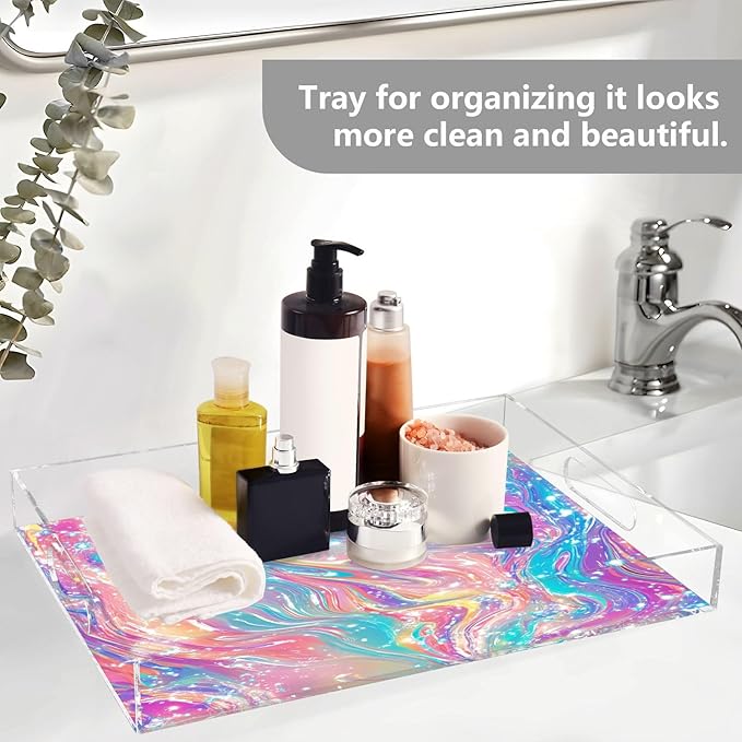 Serving Tray with Handles Clear Acrylic Tray 12x16 Inch Decorative Rectangular Tray Organizer for Ottoman Coffee Table Bathroom Pink Liquid Gradient