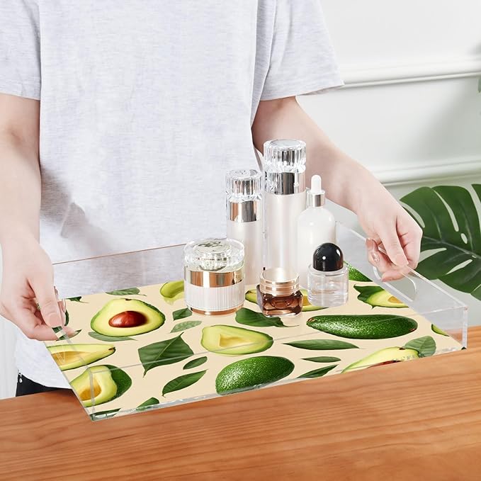 Serving Tray with Handles Clear Acrylic Tray 12x16 Inch Decorative Rectangular Tray Organizer for Ottoman Coffee Table Bathroom Nature Avocados Leaves