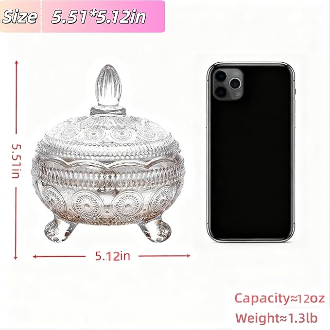 Glass Candy Dish with Lids Crystal Candy Jar Home Decorative Covered Glass Jar Wedding Buffet Jewelry Box 10 oz Cookie Jar Biscuit Containers for Snacks Office Desk Party Coffee Beans (Coastal)