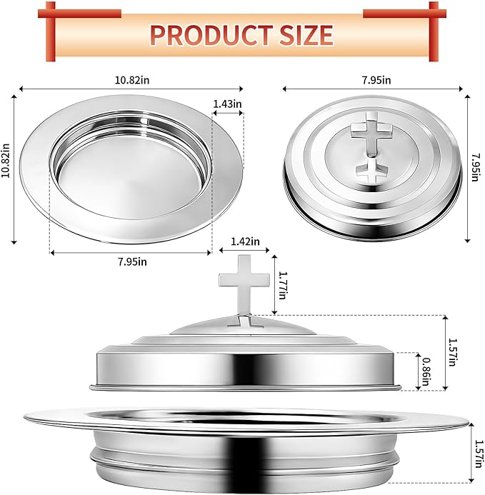 Silver Communion Bread Tray with Lid, Stainless Steel Holy Communion Tray for Churches, Polished Church Supplies Ware (304 Stainless)
