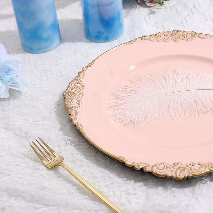 13" Charger Plates -Set of 12 - Acrylic Blush Round Baroque Disposable Chargers Leaf Embossed Rim, Ideal for Dinner Party Wedding Bulk Events