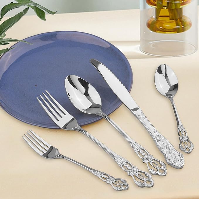 Retro Royal Silverware Set With Gift Box For 8 Cutlery Set Utensils Stainless Steel Flatware 40 Pieces MIKIWAY Kitchen Tableware Set For Gifts Festive, Dishwasher Safe, Mirror Polishing