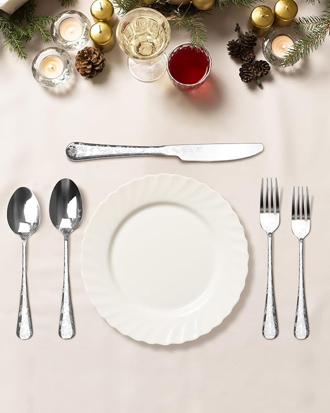 20-Piece Silverware Set, AORESAC Flatware Set for 4, Butterfly Flower Design, Mirror Polish, Forks Spoons, and Knives set for Home and Kitchen, Dishwasher Safe (Silver)