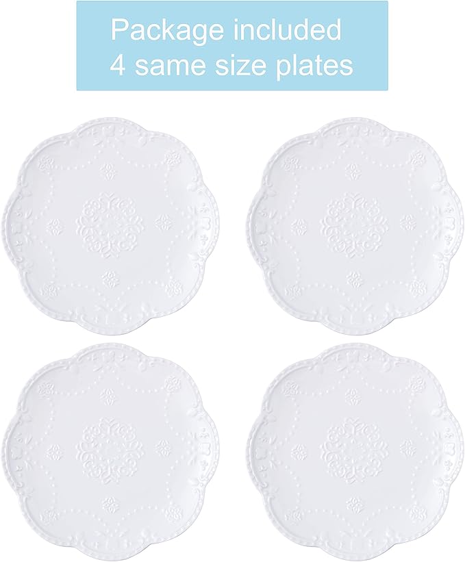Jusalpha Embossed Lace Porcelain Plate-Dinner Plate Set, Pasta/Salad/Dessert Plate， Tableware Set for Restaurant Family Party Kitchen Use -4 Pieces, FD-PL15 (10 Inche, White)
