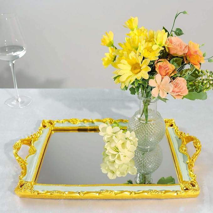 Efavormart Metallic Gold/Mint Green Resin Decorative Serving Tray - Rectangle Mirrored Vanity Tray - 15"x10"