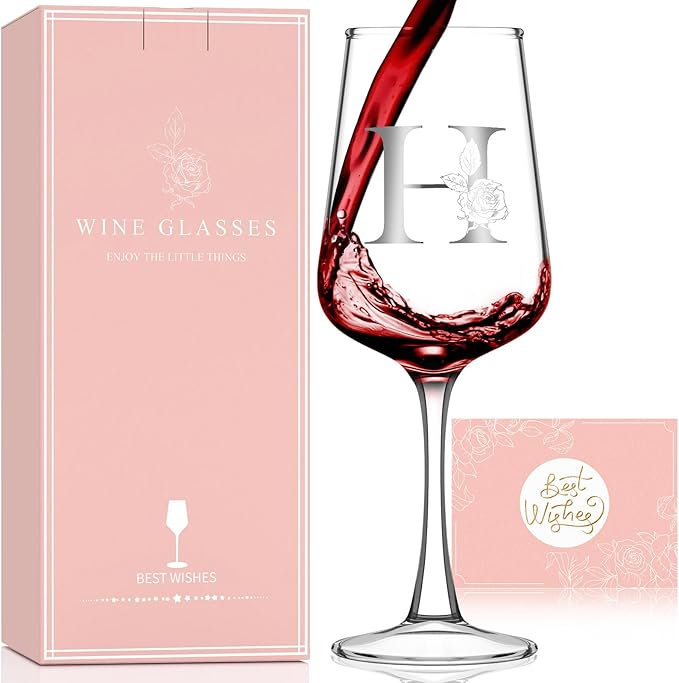 Personalized Wine Glass Gifts for Women - Monogrammed A-Z Wine Glasses Gift | Custom Christmas Gift, Valentines Day, Birthday Gifts for Women Her Mom Wife Best Friend Sister (H)