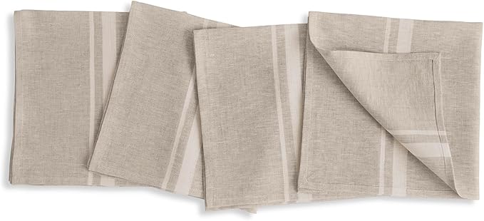 Solino Home Striped Linen Dinner Napkins Set of 4-100% Pure Linen White and Natural Cloth Napkins 20 x 20 Inch - French Stripe, Handcrafted and Machine Washable