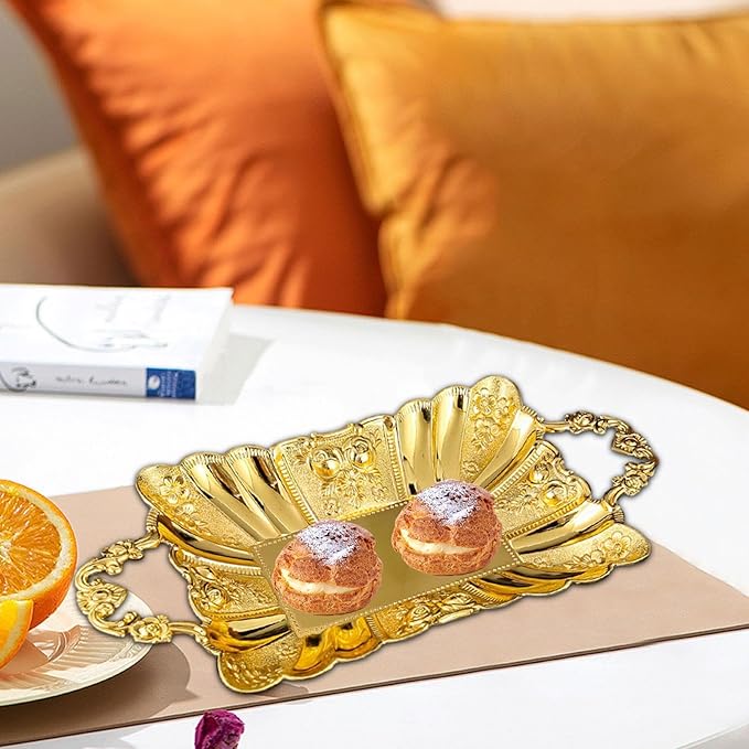 Metal Serving Tray with Handles 11.02x5.51x2.05inch European Style Mirror Fruit Plate for Candy Cupcake Dessert Bar Countertop Table Centerpiece Decor- Gold
