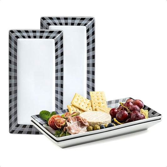 YHOSSEUN Ceramic Serving Platters Set of 4, Appetizer Serving Dishes Rectangular Dinner Sushi Plates for Parties, Halloween Table Decor, Checkered, 10 Inch