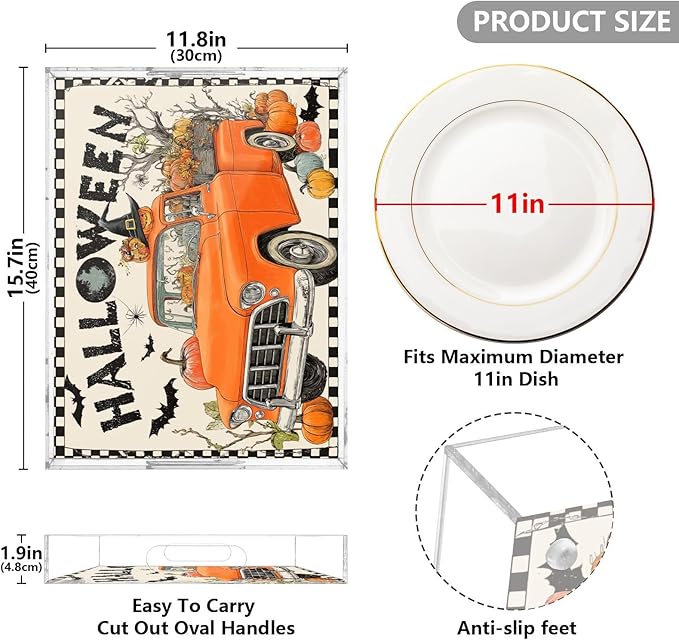 Serving Tray with Handles Clear Acrylic Tray 12x16 Inch Decorative Rectangular Tray Organizer for Ottoman Coffee Table Bathroom Orange Truck Halloween Bat Pumpkin