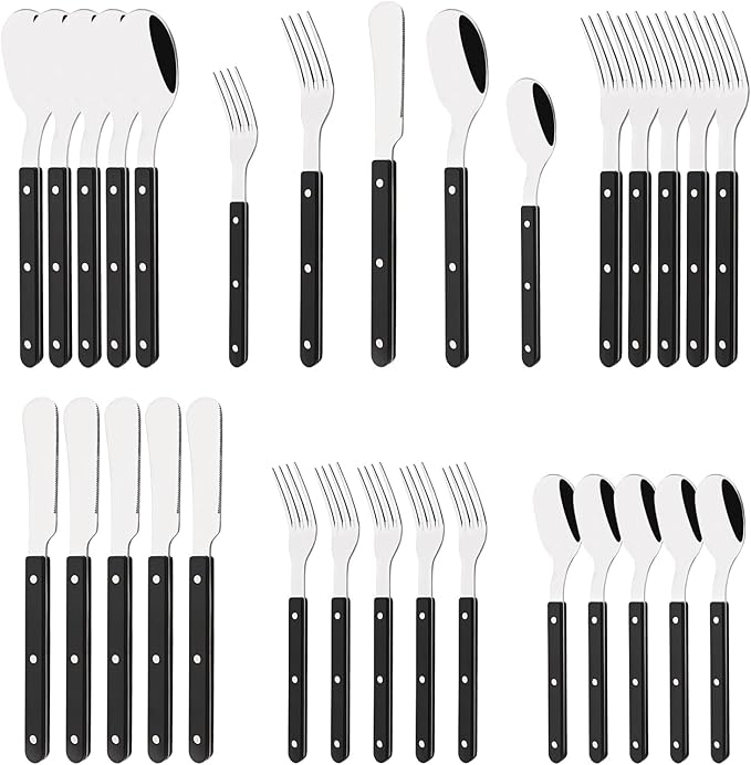 30 PCS Stainless Steel Flatware Set for 6, Silverware Set with Colored Handles, Retro Style Forks Spoons and Knives Set, Vintage Eating Utensils, Black Acrylic Handle with Rivets Design