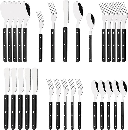 30 PCS Stainless Steel Flatware Set for 6, Silverware Set with Colored Handles, Retro Style Forks Spoons and Knives Set, Vintage Eating Utensils, Black Acrylic Handle with Rivets Design