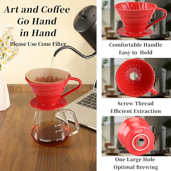 Mongdio Ceramic Pour Over Coffee Dripper, Reusable Porcelain Portable Pour Over Coffee Maker, Slow Brewing Accessories with 1 Holes for Home - Size 02 Red