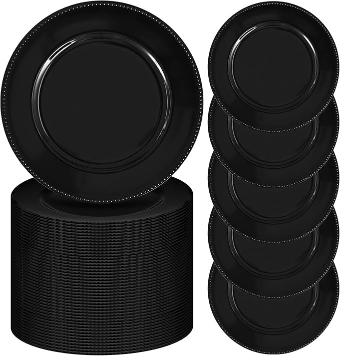 fani 100 Pcs Black Charger Plates Bulk, 13'' Round Beaded Dinner Charger Plates, Plastic Reusable Vintage Table Decoration for Wedding, Party, Reception, Event, Holiday Supplies