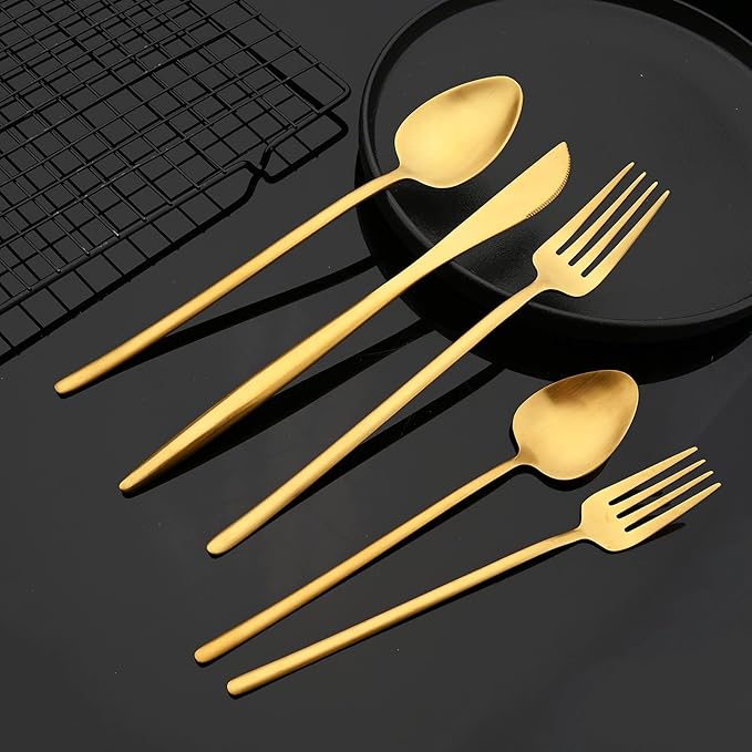 JASHII Modern Silverware Set - 20 Pieces Cutlery Set Matte Gold - Brushed 304 Stainless Steel Flatware Set - Narrow and Long Handle - for Home Dinner and Restaurant