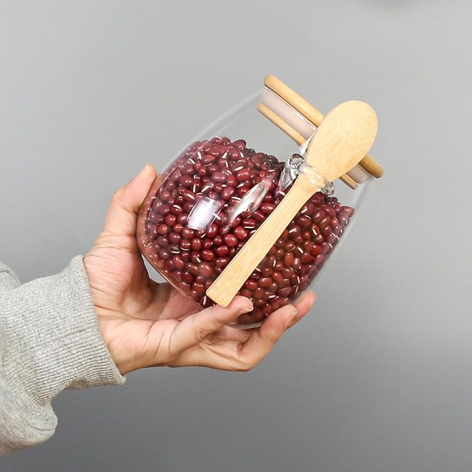 Glass Storage jars with Bamboo Lids and Spoon -16 oz Airtight Storage Containers Glass jar,Wide Mouth,Leak-Proof,Comes Suitable for Coffee Beans, Tea Leaves,Grains, Dried Fruits (Small4PCS)