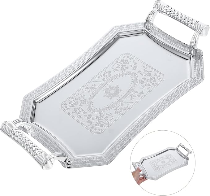 Silver Serving Tray: 11" Stainless Steel Serving Platter with Handles - Vintage Metal Rectangular Fruit Snack Tray for Dessert, Jewelry & Coffee Table Decor