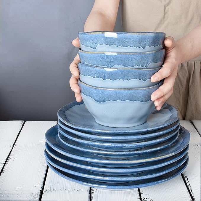 Bosmarlin Ceramic Soup Bowl Set of 4, 28 Oz, Cereal Bowl for Oatmeal, Dishwasher and Microwave Safe, Reactive Glaze (Blue, 6 inches)
