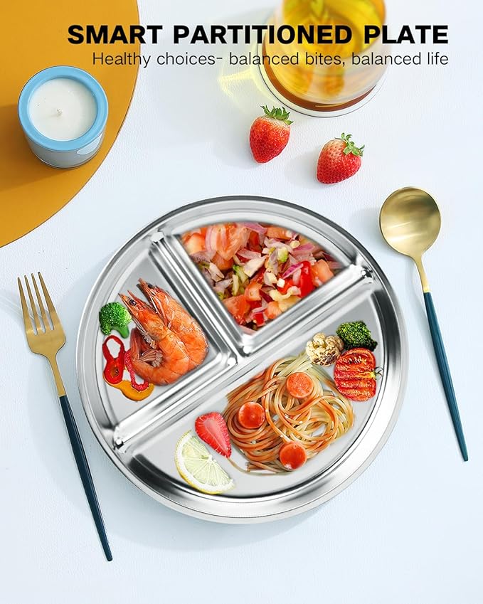 Stainless Steel Kids Plates Set of 3, 9" Portion Control Plates Divided Plate for Adults Toddlers Balance Lunch, Bariatric & Diabetic Diet, Non Toxic Camping Metal Snack Plate for Eating