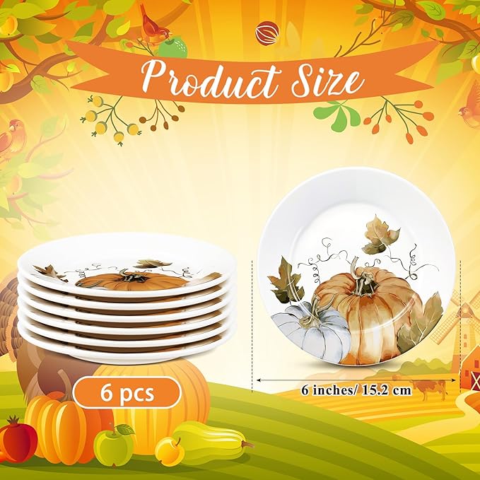 Honeydak 6 Pcs 6 Inch Fall Plates Pumpkin Ceramic Thanksgiving Salad Plates So Blessed Platter Cookie Dishes Autumn Harvest Vintage Dessert Appetizer for Thanksgiving Dinner Party Decoration