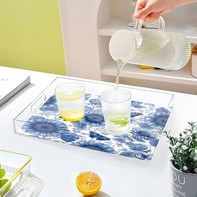 Serving Tray with Handles Clear Acrylic Tray 12x16 Inch Decorative Rectangular Tray Organizer for Ottoman Coffee Table Bathroom Vintage Blue Sunflowers and Butterflies