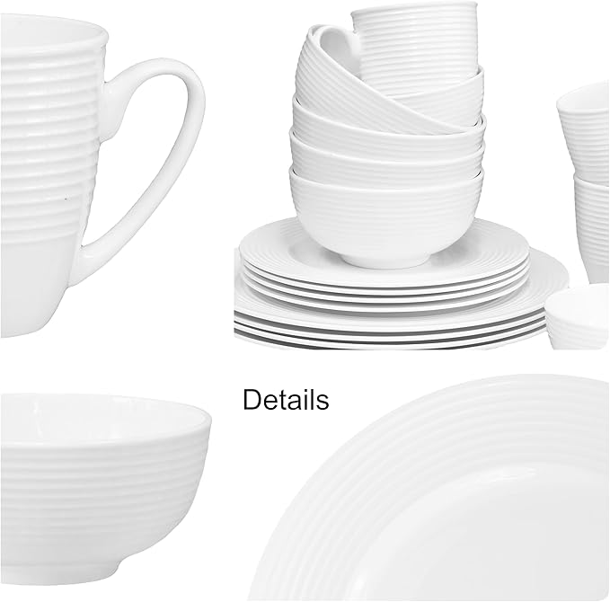 QOUTIQUE Bone China Dinnerware, 20PC Set, Service for 4, White Embossed, circle, Microwave Safe, Translucent, Elegant giftware, Dish set, Essential Home, Kitchen Dishes, Dinner Set