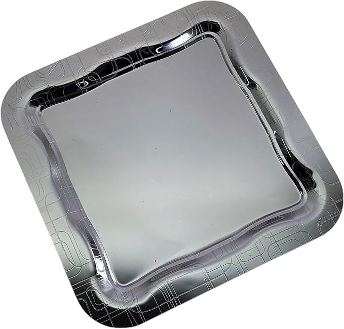 (Pack of 2) 13.4 inch x 13.4 inch Square Chrome Plated Silver Serving Tray Stylish Design Floral Line Bubble Engraved Edge Decorative Birthday Dessert Buffet Platter Plate NC-007