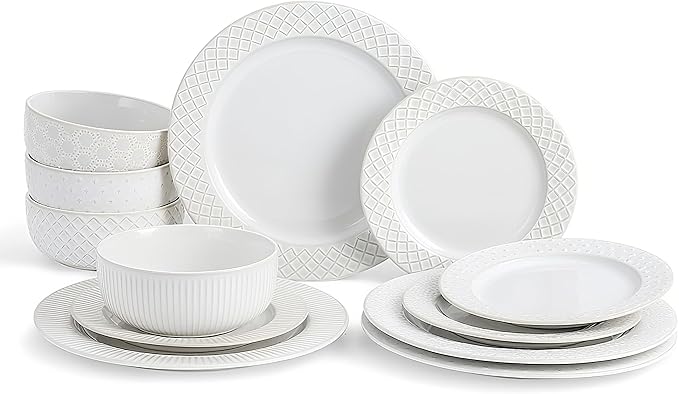 4 Different Embossed Ceramic Dinnerware Set for 4 - Arctic White Vintage Plates & Bowls Set 12 Piece - Microwave & Dishwasher Safe Porcelain Chip Resistant Handmade Dishware Set Kitchen Gift
