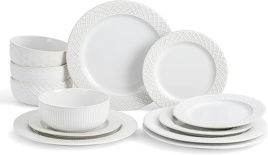 4 Different Embossed Ceramic Dinnerware Set for 4 - Arctic White Vintage Plates & Bowls Set 12 Piece - Microwave & Dishwasher Safe Porcelain Chip Resistant Handmade Dishware Set Kitchen Gift