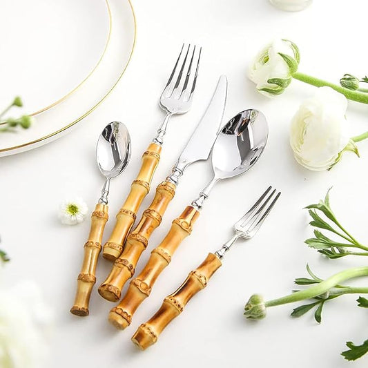 Bamboo Silverware Set for 18, 90 Piece 18/8 Stainless Steel Cutlery Set, Natural Bamboo Handle Cutlery Sets, Household Kitchen Utensil for 18, Flatware Sets, Dishwasher Safe (90pcs)