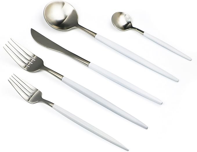 Customized 20-Piece 18/10 Stainless Steel Flatware Set, Serive for 4, With Fork Spoons Knife Teaspoon Dessert Fork for Home Kitchen Restaurant Hotel (White + Silver)