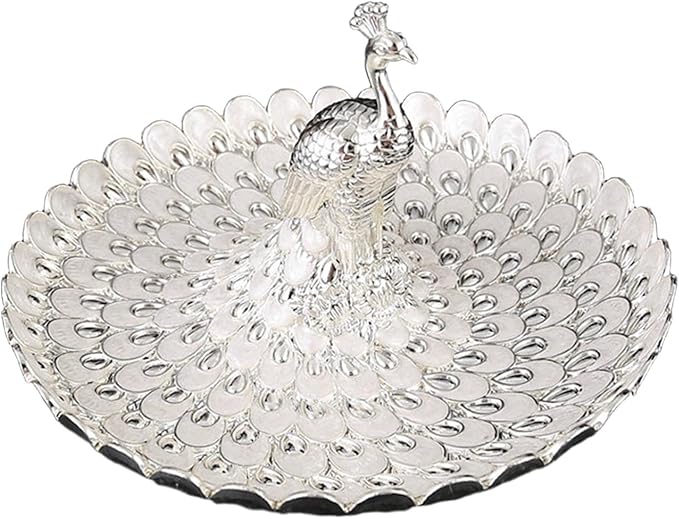 Fruit Dish Cosmetic Tray Peacock Sturdy Snack Storage Plate Vanity Storage Holder Serving Tray for Trinket Jewelry Wedding, Silver White