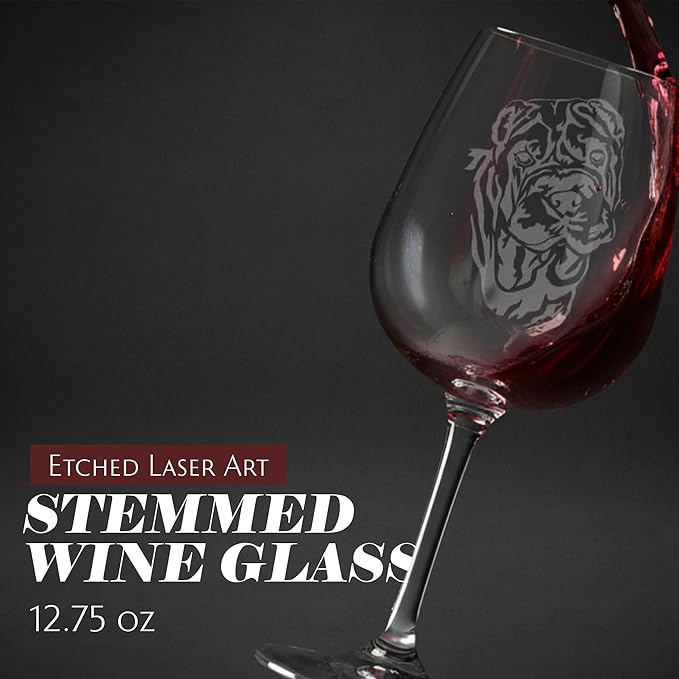 Etched Laser Art Chinese Shar Pei Personalized Dog Themed Etched 12.75oz Wine Glass Custom Dog Breed Wine Glasses, Ideal for Pet Lovers, Unique Birthday Gift for Men & Women, Personalized Gift
