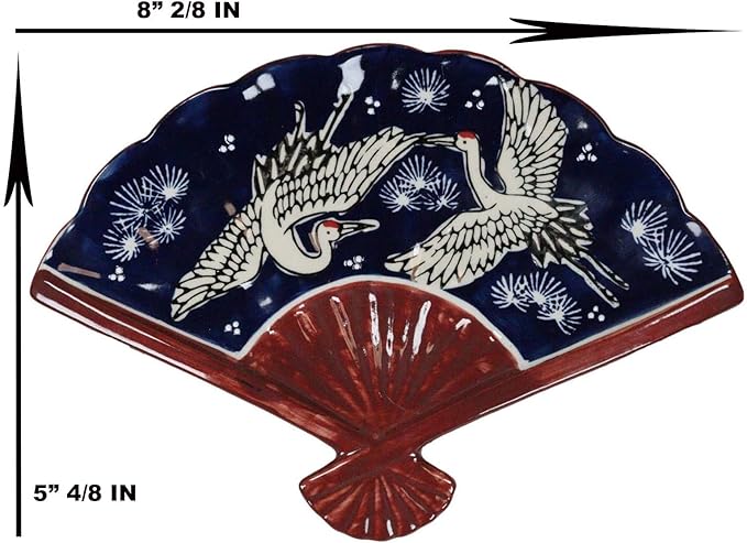 Ebros Pack Of 4 Colorful Oriental Folding Fan Shaped Appetizer Sushi Dessert Serving Dish Plates Decorative Asian Themed Artistic Dinner Lunch Serveware Plate Set (Twilight Blue Sky White Storks)