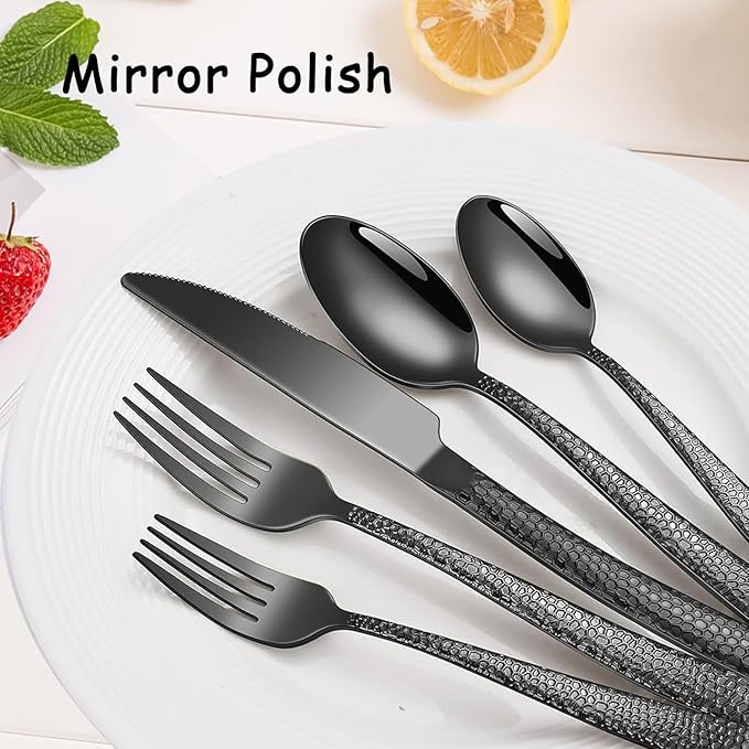 Black Hammered Silverware Set for 2, MIKIWAY 10 Pieces Stainless Steel Luxury Flatware Set, Cutlery Tableware Set, Kitchen Utensils Set Include Spoons And Forks Set, Mirror Polished, Dishwasher Safe